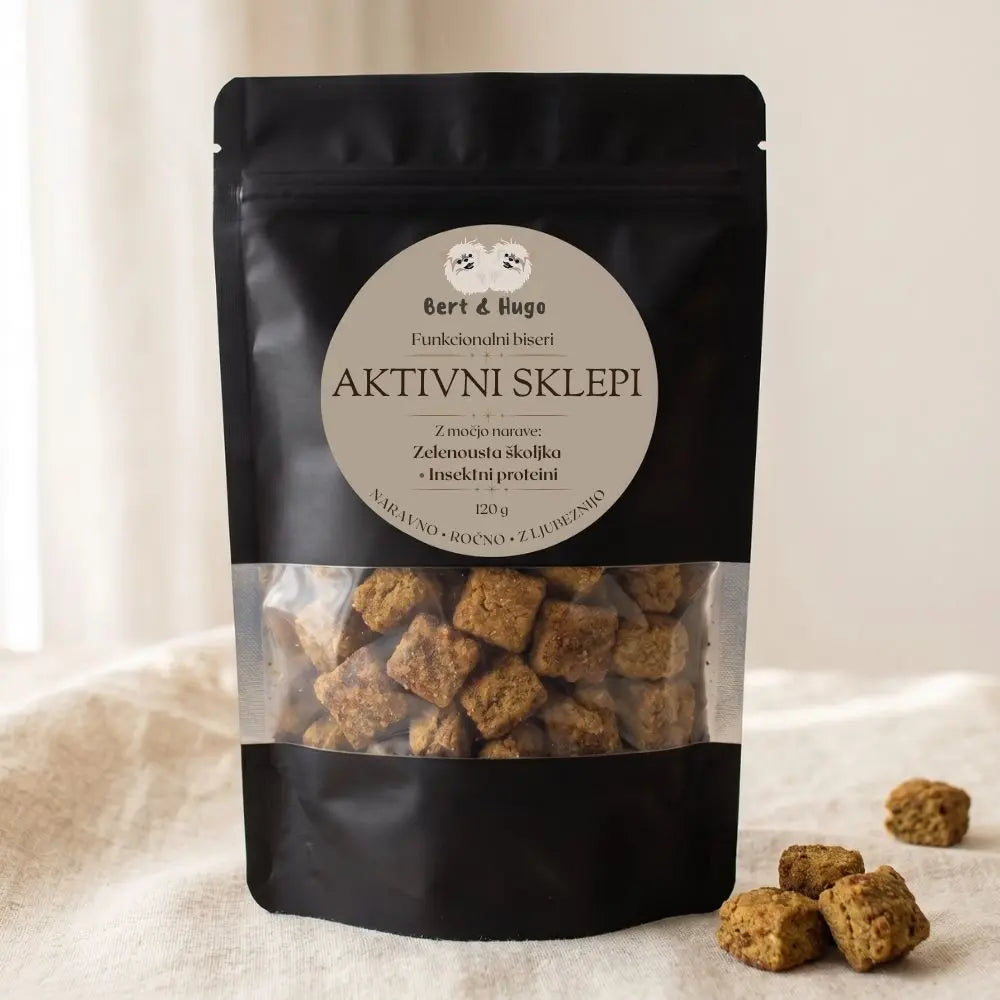 Bert & Hugo Aktivni Sklepi 120g – funkcionalni biseri za sklepe psa, mat črna zip vrečka