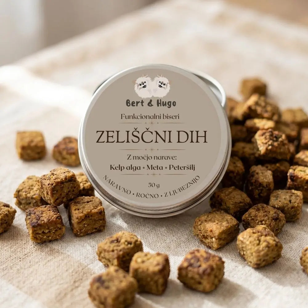 Bert & Hugo Zeliščni Dih 50g – funkcionalni biseri za svež dih psa s peteršiljem in meto