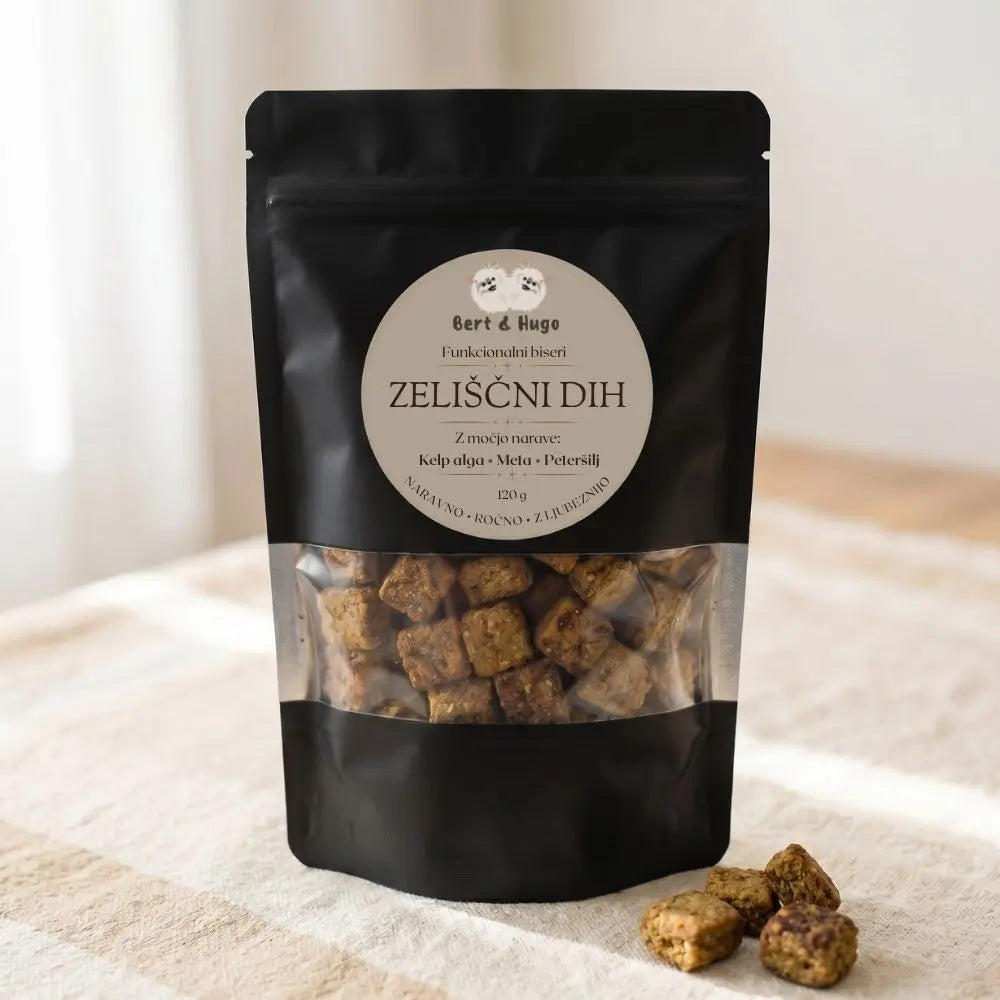 Bert &amp; Hugo Zeliščni Dih 120g – funkcionalni biseri za svež dih psa, mat črna zip vrečka