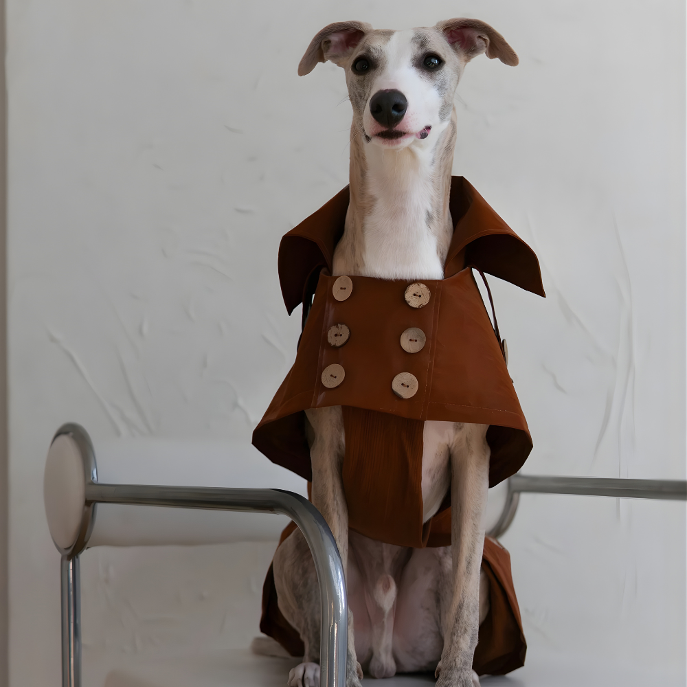 Eleganten pasji trenč brez plastike –ročno izdelan, vodoodporen in brezčasno šik (rjav)