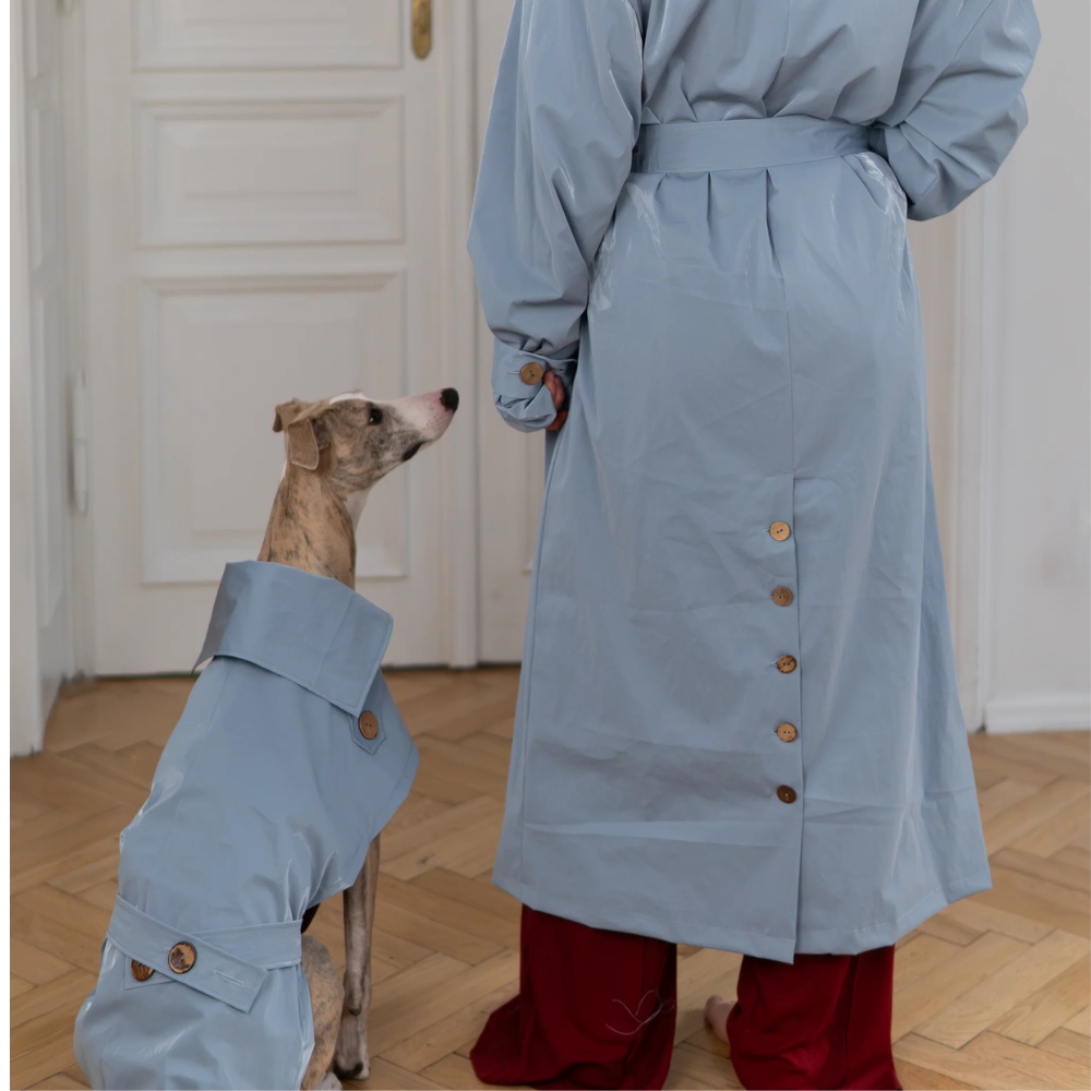 Eleganten pasji trenč brez plastike –ročno izdelan, vodoodporen in brezčasno šik (svetlo moder)