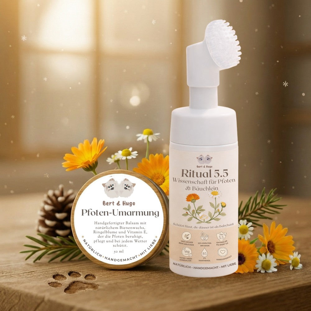 Duo-Pflegeset Bert &amp; Hugo: Ritual 5.5 Wissenschaft für Pfoten &amp; Bäuchlein + Pfoten-Umarmung