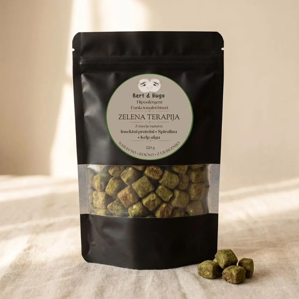 Bert &amp; Hugo Zelena Terapija 120g – hipoalergeni funkcionalni biseri za pse, mat črna zip vrečka
