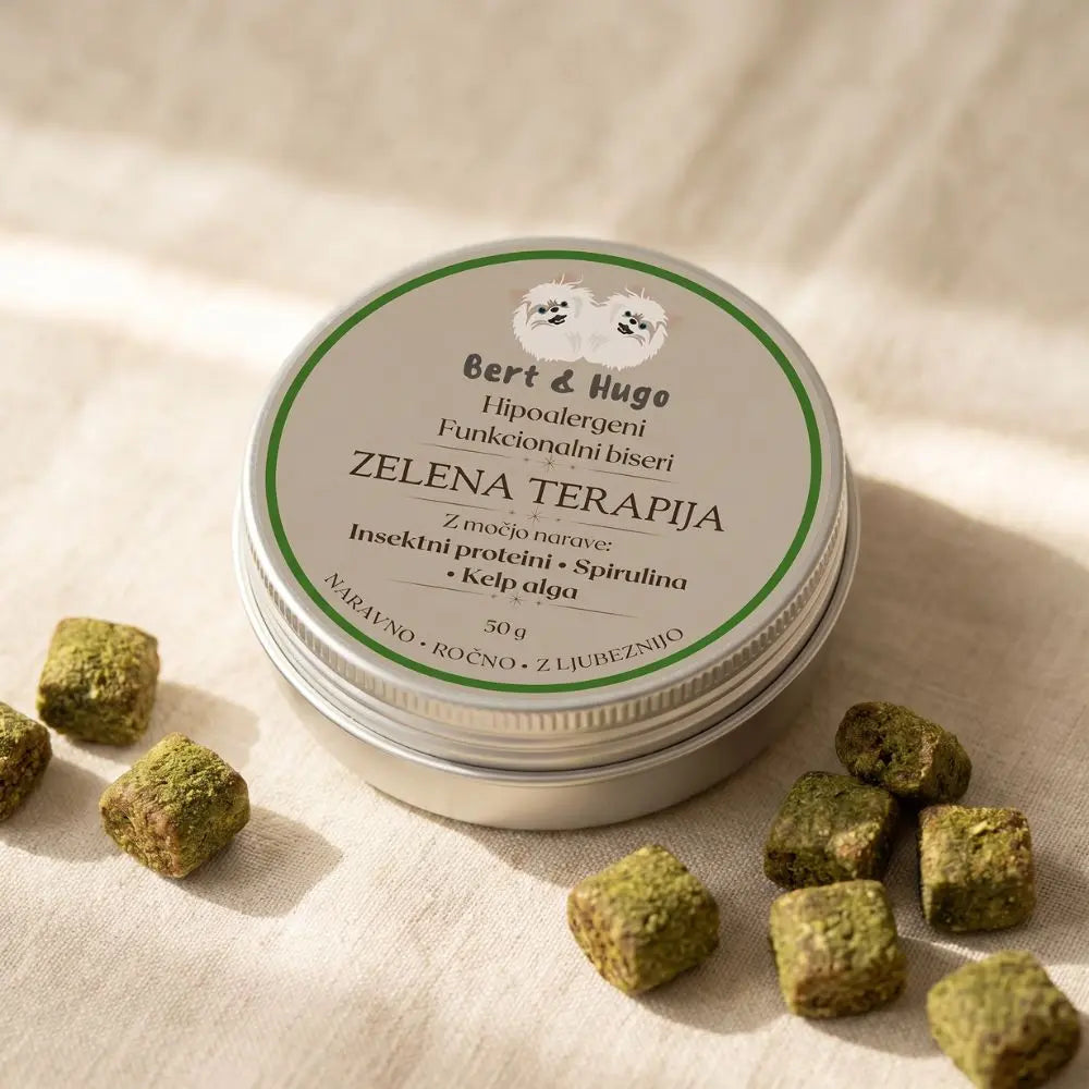 Bert &amp; Hugo Zelena Terapija 50g – hipoalergeni funkcionalni biseri za pse z BIO spirulino in klorelo
