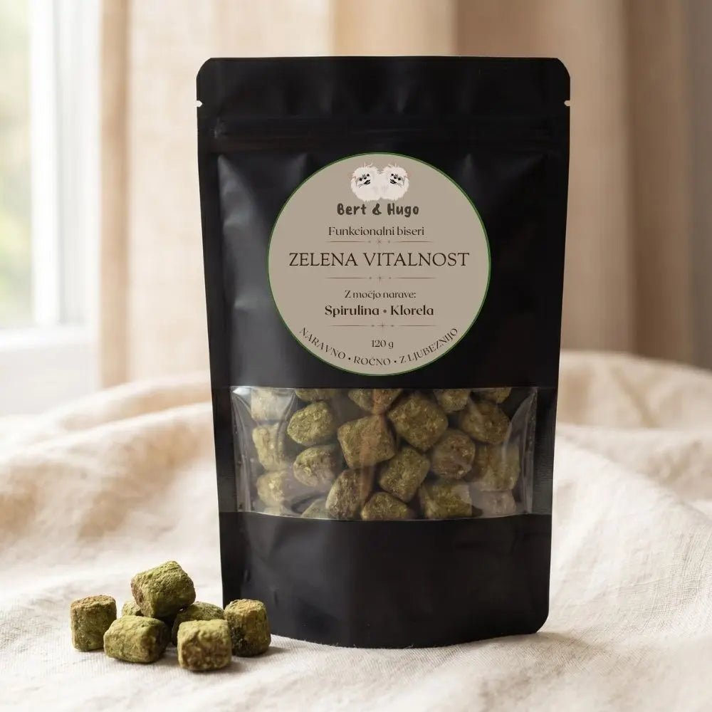 Bert &amp; Hugo Zelena Vitalnost 120g – funkcionalni biseri za pse, mat črna zip vrečka

