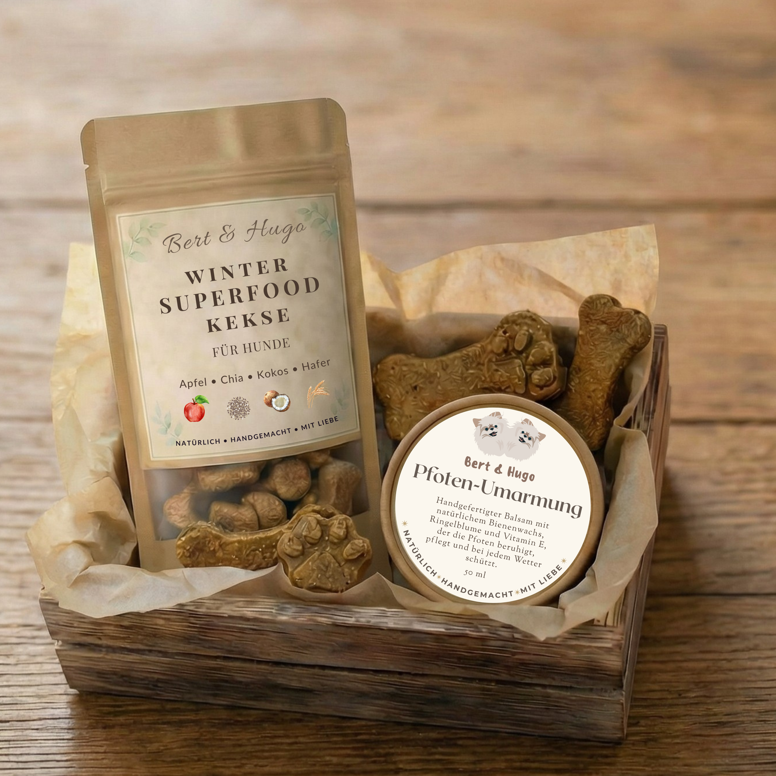 Winterset Bert &amp; Hugo: Pfoten-Umarmung + Winter‑Superfood‑Kekse